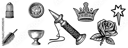 Antique engraved crown, rose, spindle, quill,, star & romantic symbols in fine art.
