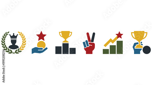 Success achievement and victory award icons set featuring trophies stars and laurel.