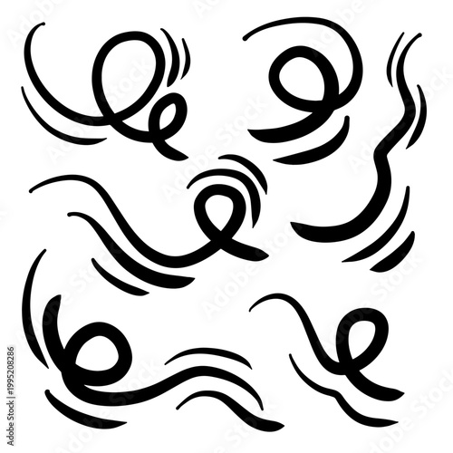 Doodle style wind line sketch set. Hand-drawn doodle style wind movement, air gusts, swirl elements. Air gust movement sketch, circular abstract lines