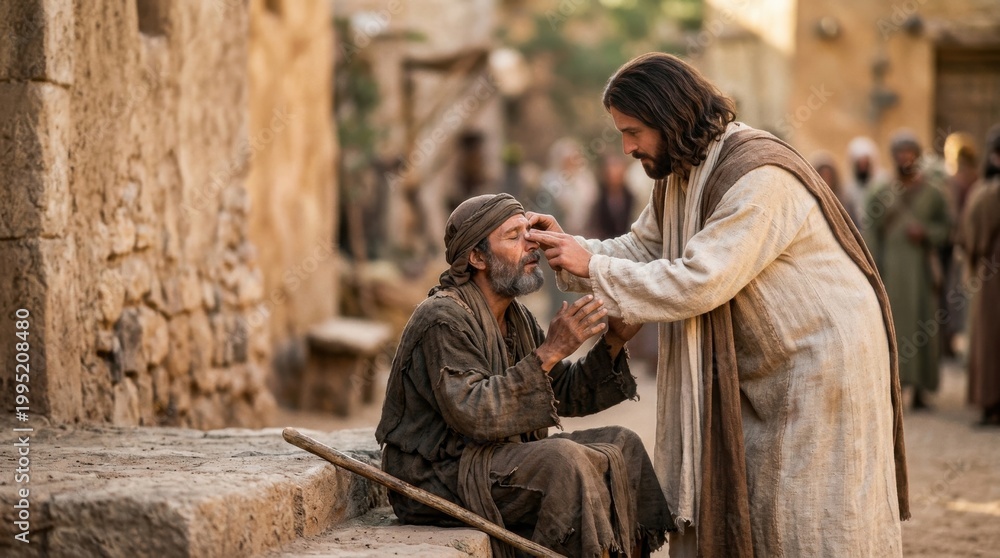 Obraz premium Healing Scene of a Blind Man Receiving Help from a Kind Figure