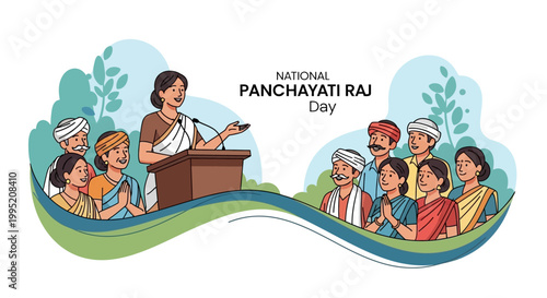 Vector illustration commemorating National Panchayati Raj Day, showcasing a woman addressing a crowd from a podium with a flat design style, set against a backdrop of rural villagers