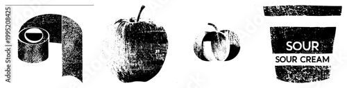 Stylized black and white halftone illustrations depicting everyday items roll of TP, fruit, gourd, dairy product. Also called stippled graphics or dot matrix.