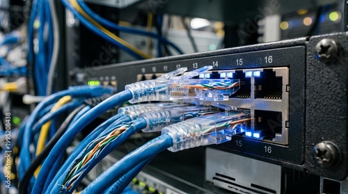 Close-up view of a network server panel with many plugged-in network cables