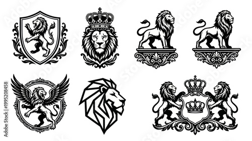 Black and White Lion Crests and Emblems Set