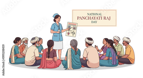 Against a clean background, a medical worker educates a rural Indian community on local governance during National Panchayati Raj Day, utilizing colorful illustrations to explain