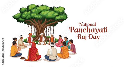 Illustrative vector art commemorating National Panchayati Raj Day in India, depicting a village council meeting under a large banyan tree against a clean white backdrop with a focus