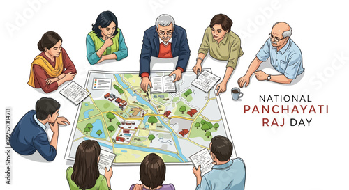 Illustrated vector art depicts a village council meeting for National Panchayati Raj Day, showcasing the Indian local government concept with participants gathered around a map in a bright