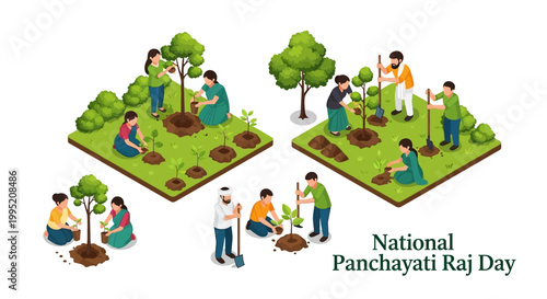 Isometric vector art depicts people planting trees together on National Panchayati Raj Day in India, symbolizing rural development and decentralization of governance against a clean white