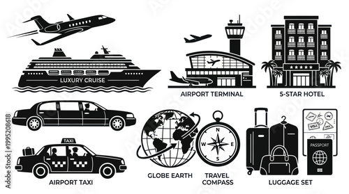 Travel and Tourism Icons: Jet, Cruise Ship, Car, Airport, Hotel, Luggage, Compass