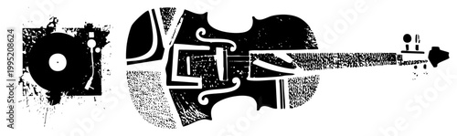 Stylized string instrument and record player graphic, fiddle and vinyl deck set, music equipment silhouette with distressed print aesthetic.