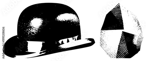 Vintage bowler hat and abstract rendered in halftone style, derby cap alternate name, geometric form, retro graphic design, vector illustration.