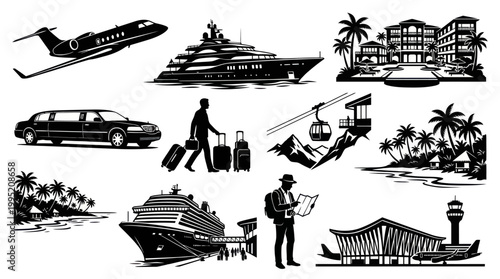Black  White Vector Icons for Luxury Travel and Transportation