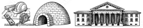 Technical drawing equipment with hardhat, igloo style dome construction, neoclassical bank facade blueprint tools, architectural sketch, engineering drafting set.