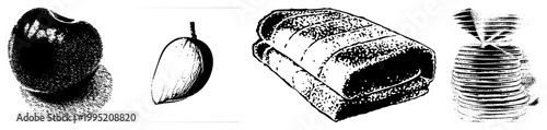 Stylized food sketches using halftone technique, retro print design, vintage engraving style, dot matrix rendering, graphic art elements.