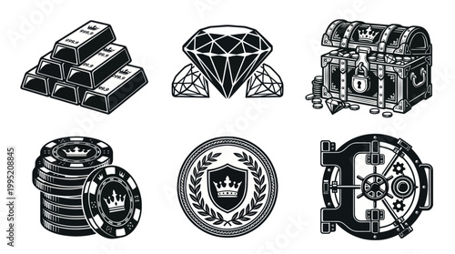 Luxury Finance Icons: Gold Bars, Diamonds, Treasure Chest, Chips, Vault