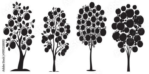 Four black silhouette apple trees with fruit and leaves on white background