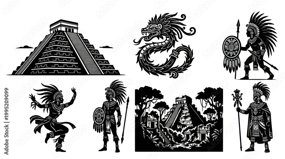 Fototapeta premium Mesoamerican Culture Black White Vector Art Set: Ancient Pyramids, Warriors, and Quetzalcoatl Symbols
