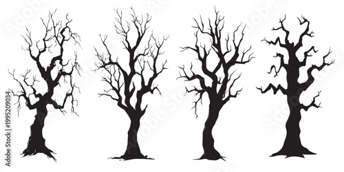 Spooky dead tree silhouettes with bare branches and twisted trunks for Halloween or nature themes
