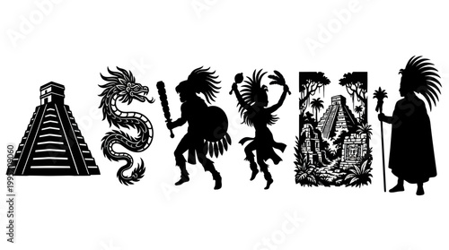 Ancient Mesoamerican Culture Silhouettes: Pyramids, Warriors, and Mythological Serpent Vector Art