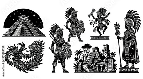 Ancient Mayan Aztec Civilization Engraving Style Black  White Vector Set