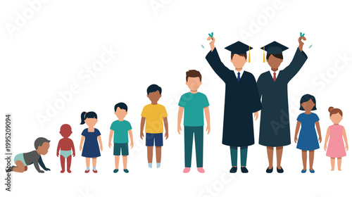 Growth stages of human life from baby to adulthood featuring graduation achievement.
