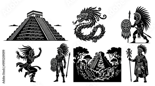 Mesoamerican Culture Black  White Vector Art Set: Ancient Pyramids, Warriors, and Quetzalcoatl Symbols