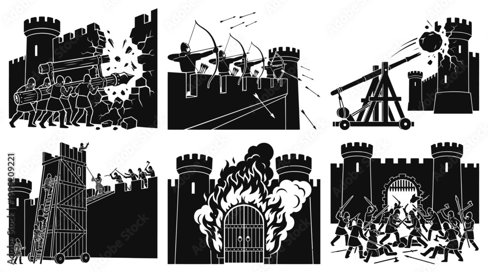 Obraz premium Medieval Castle Siege Weapons and Attack Stages Black White Silhouette Art
