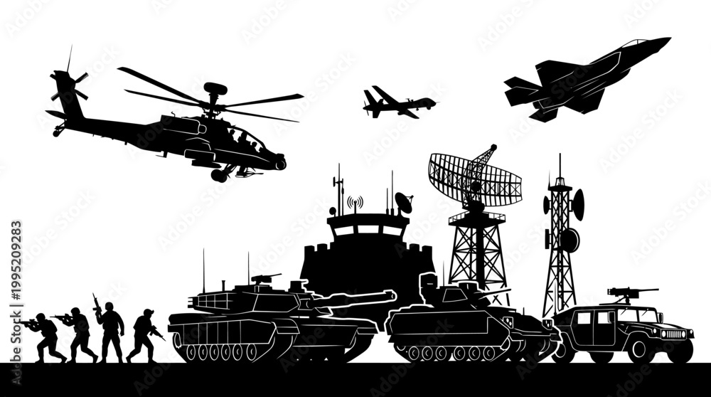 Obraz premium Military Warfare Black and White Silhouette Vector - Army Forces