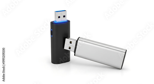 Two usb flash drives one black with blue light and one silver