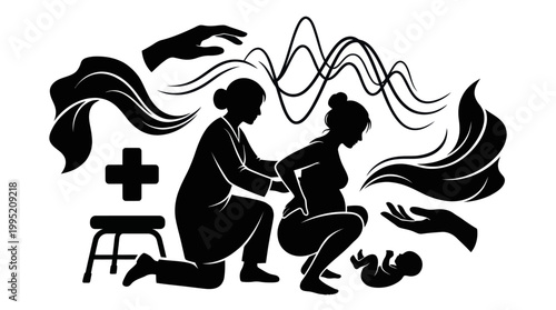 Medical Maternity Childbirth Support Silhouette - Midwife Assisting Pregnant Woman in Labor