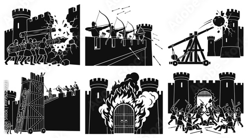 Medieval Castle Siege Weapons and Attack Stages Black  White Silhouette Art