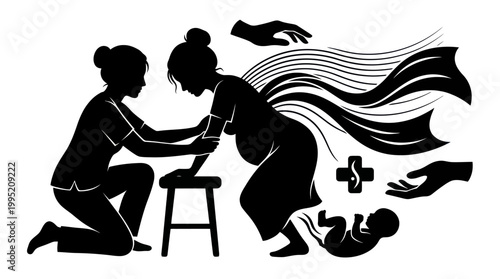 Maternity Healthcare: Midwife Assisting Pregnant Woman Giving Birth - Black  White Silhouette