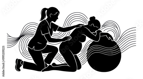 Medical Childbirth Labor Support: Pregnant Woman  Doula with Birthing Ball - BW Silhouette