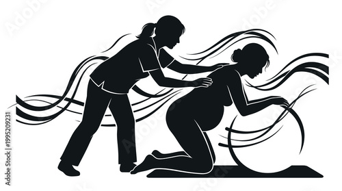 Medical Childbirth: Midwife Assists Pregnant Woman in Labor with Birth Ball Silhouette
