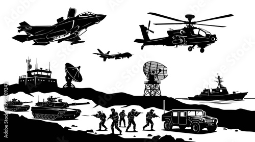 Military Armed Forces Vector Art Black White Silhouette with Vehicles, Soldiers, Base