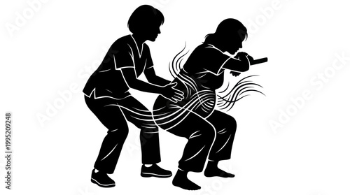 Medical Black  White Silhouette: Nurse Supporting Pregnant Woman During Therapy Exercise