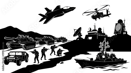 Military Defense Force Black  White Silhouette Vector Illustration with Vehicles  Soldiers