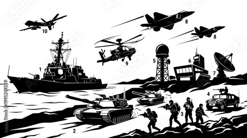 Military Combat Scene Black and White Vector Art of War Machines