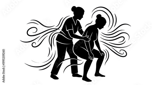 Black  White Silhouette of Nurse Assisting Pregnant Woman in Labor