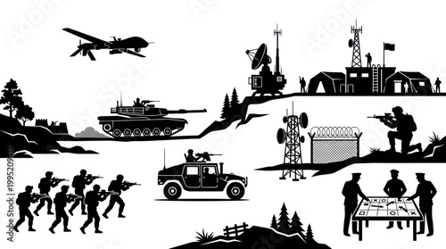 Military Industry Vector Silhouette Set: Army Operations, Soldiers, Equipment, Base