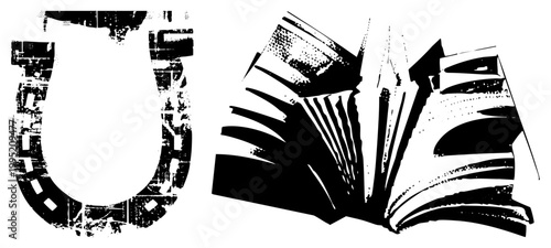 Weathered horseshoe symbol and fanned book pages, rustic lucky charm, vintage educational, distressed print style, halftone vector illustration.