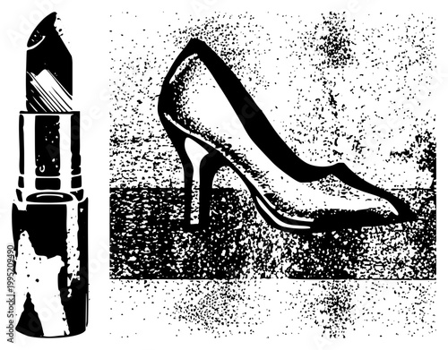 Black and white halftone graphic of lipstick & stiletto heel ideal for fashion, print, retro ads. beauty, glam accessory.