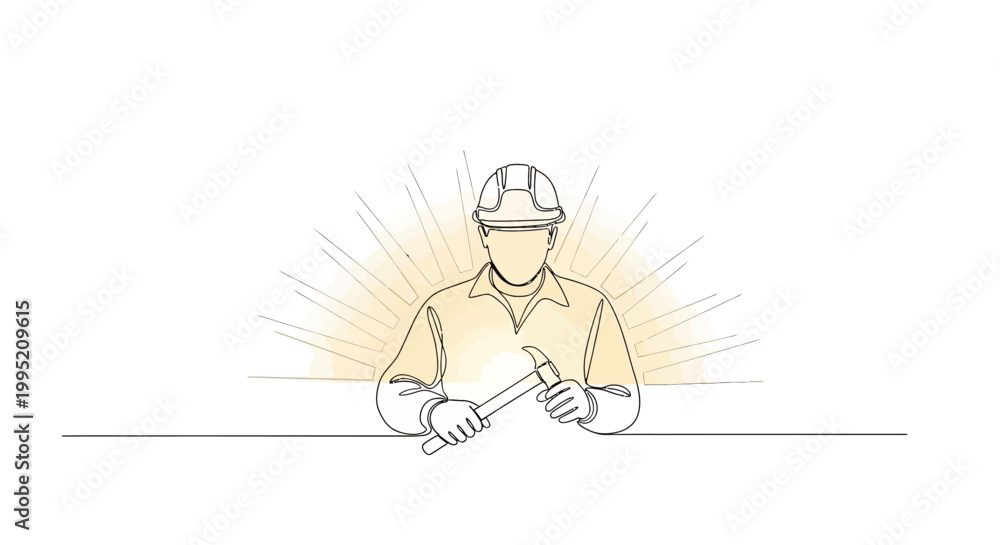Obraz premium Man wearing hard hat holding tool.