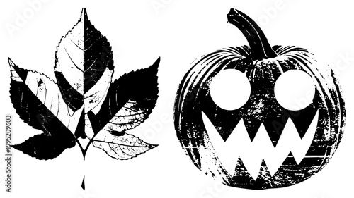 Spooky pumpkin carving and fall foliage graphic, seasonal harvest, Halloween decoration motif, autumnal leaf silhouette, distressed ink stamp style.