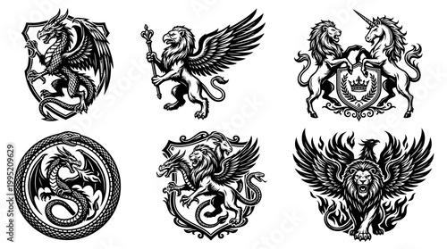 Black  White Line Art Dragon Griffin Lion Unicorn Heraldry Emblems Fantasy Vector Set