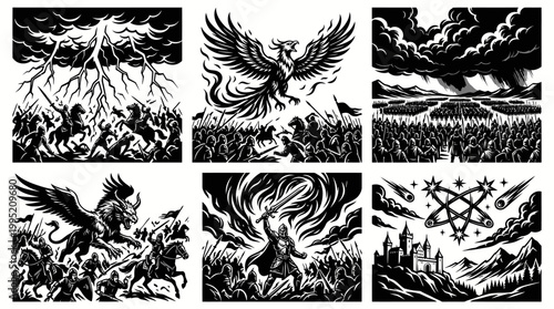 Epic Fantasy Battle Scenes, Knights, Mythical Creatures, Castle, Storms - BW Vector Art