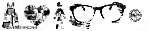 Distressed graphic symbols including stylized alphabet letter, love, gender neutral person, eyewear, navigational emblem ideal for edgy branding or retro design projects.