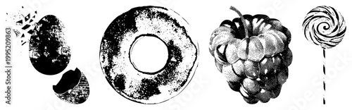 Black and white halftone illustration of assorted sweets including doughnut, raspberry fruit, swirled lollipop, and cracked egg treat confectionery rendered in graphic dot style.