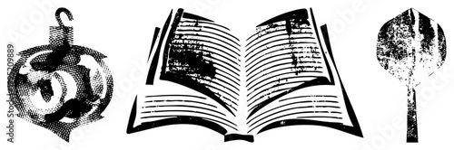 Vintage style graphic elements featuring a Christmas bauble, open book, and leaf rendered in distressed halftone also called retro screen print or punk stencil illustrations.