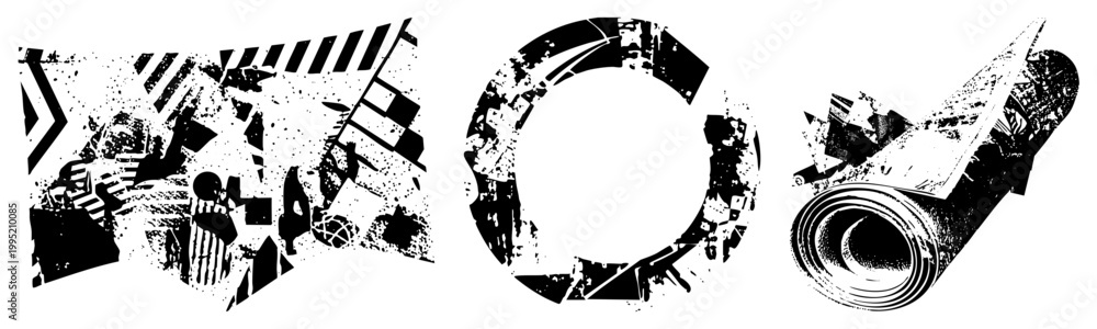 Obraz premium Rugged graphic design assets featuring splatter effects, fragmented forms, and industrial motifs ideal for edgy branding or urban art projects.
